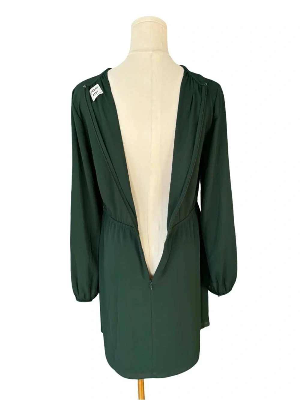 Aritzia Sunday Best Deep Green Long Sleeve Gathered Neck Dress - Picture 2 of 7